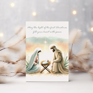 Nativity scene Christmas card, Christian art, printable card, Mary and Joseph, Baby Jesus in a manger greeting card, Christian card