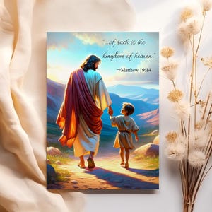 Matthäus 19:14 Christliche Grußkarte - Religiöse Karte mit Jesus und Kind - Inspirierender Bibelvers - Christliche Kunst, digitale Karte