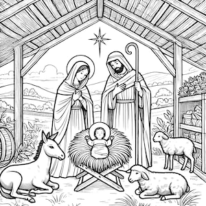 Christelijke kerst kleurplaat: Maria Jozef en Jezus - afdrukbare 8,5 x 11 inch digitale download baby Jezus, kerststal kleurenpagina jpeg-bestand