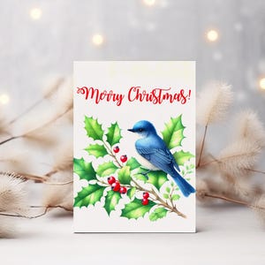 Cartão de Natal Vintage Bluebirds – Saudação Elegante para Imprimir com Holly & Berries | Cartão Festivo Inspirado na Natureza para Alegria de Natal, JPEG