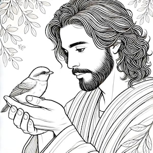 Dibujo cristiano para colorear: Página para colorear "Jesús y el gorrión", página de actividades infantiles cristianas de meditación espiritual, actividades primarias