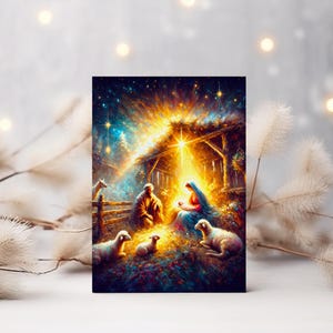 Nativity scene Christmas card, Christian art, Mary and Joseph, Baby Jesus in a manger greeting card, Christian card, printable card