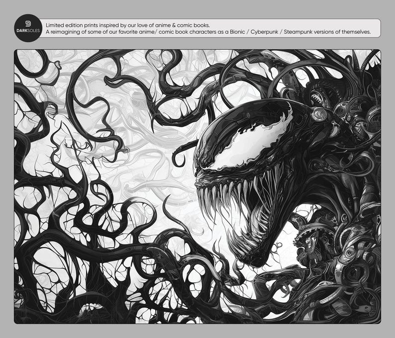 Pu&ograve; includere: Illustrazione in bianco e nero di una creatura mostruosa con una grande bocca e denti affilati. La creatura &egrave; circondata da intricati tentacoli dall'aspetto organico.