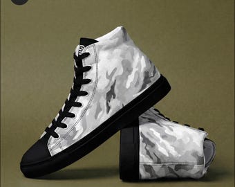 Men's White Camo High Top Sneakers| Urban Streetwear Canvas Shoes| Military Style Casual Footwear | Comfortable Walking Boots | Gift for Him