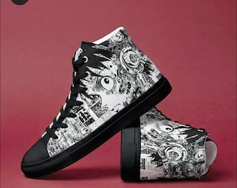 Anime Cyberpunk High Top Sneakers | Japanese Streetwear Shoes | Futuristic Techwear Fashion | Edgy Glitch Art Canvas Boots | Gift for Gamer