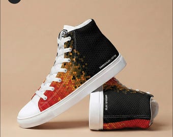 Męskie buty sportowe Retro 8-Bit Pixel | Pomarańczowo-czarne, gradientowe buty za kostkę | Buty gamingowe | Odzież uliczna w stylu cyberpunk | Płócienne buty z motywem glitch art