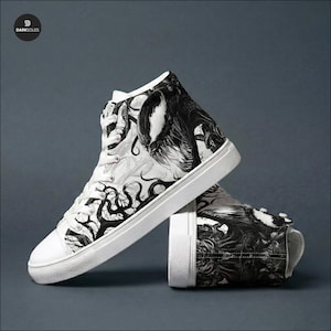 Sneakers alte personalizzate Symbiote da uomo / Scarpe in tela aliena bianche e nere / Streetwear in stile anime / Calzature da uomo gotiche e audaci