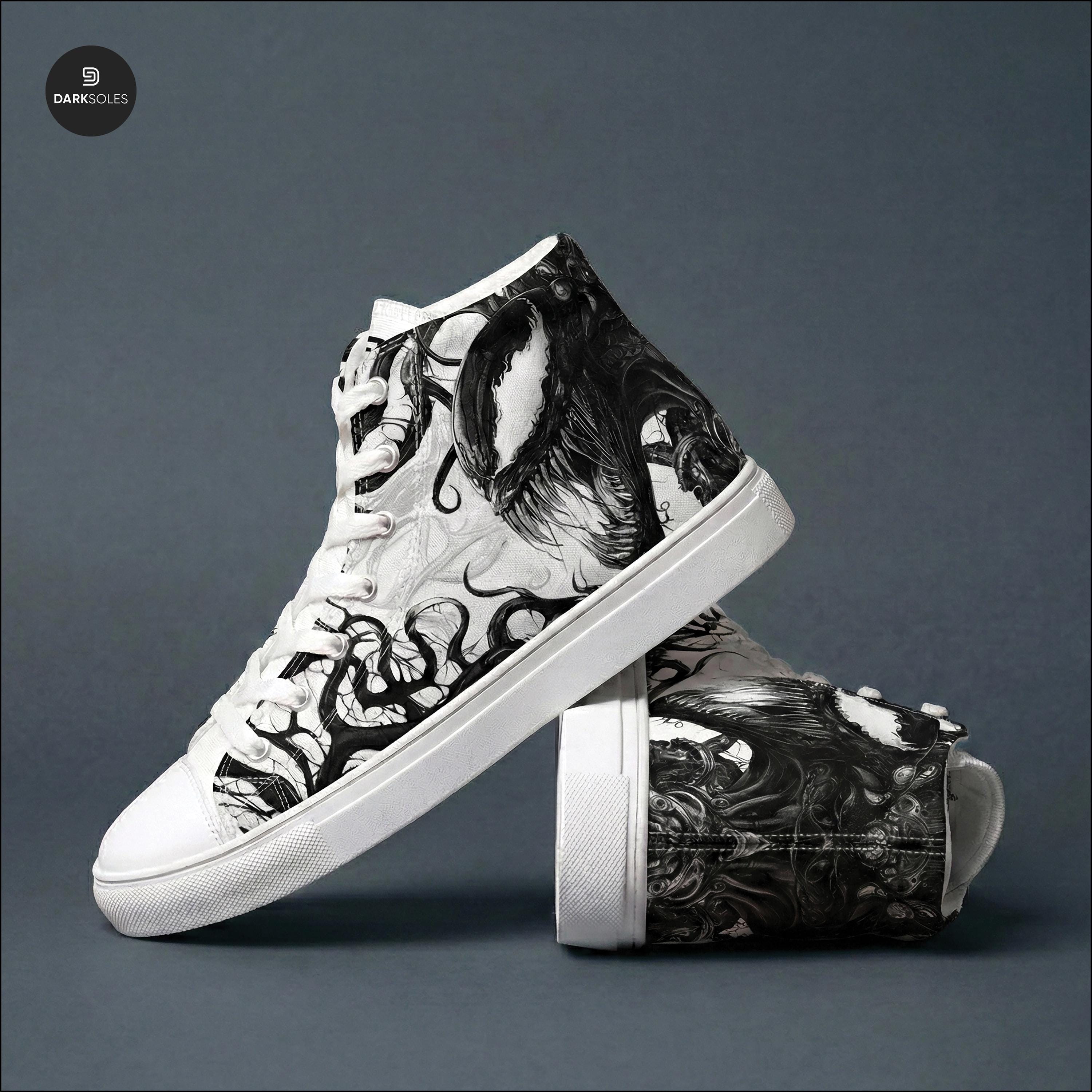 Men's Custom Symbiote High Top Sneakers Black and White Alien Canvas Shoes Anime Style Streetwear Goth Edgy Men's Footwear