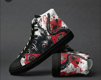 Kraken Octopus High Top Sneakers | Lovecraftian Deep Sea Monster Shoes | Black & White Comic Book Style | Goth Marine Biology Gift for Him