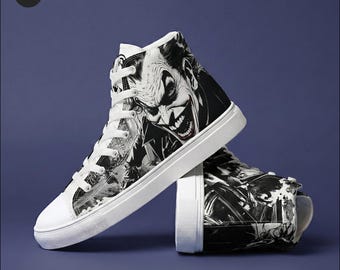 Sneakers alte in tela da uomo / Scarpe personalizzate con stampa di cattivi dei fumetti / Streetwear viola e verde / Sneakers alte grafiche audaci / Regalo per lui
