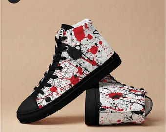 Scarpe alte in tela con schizzi rossi e neri / Sneakers da uomo con schizzi di vernice graffiti / Scarpe da streetwear grunge / Calzature urbane goth punk