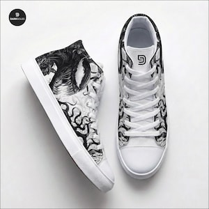 Sneakers alte personalizzate Symbiote da uomo / Scarpe in tela aliena bianche e nere / Streetwear in stile anime / Calzature da uomo gotiche e audaci immagine 2