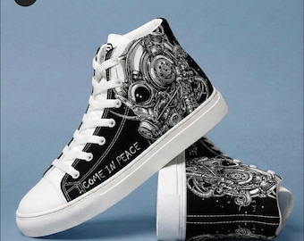 Cyberpunk Alien High Top Sneakers | Futuristic Sci-Fi Canvas Shoes | Comic Style Streetwear | Techwear Gamer Gift | Rave Festival Footwear