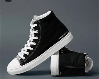 Men's Black High Top Sneakers | Mandala Tongue Art