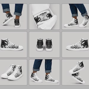 Pu&ograve; includere: Sneakers bianche in tela alta con una stampa grafica in bianco e nero di un viso. Le sneakers sono mostrate su un modello che indossa jeans e sono disponibili in pi&ugrave; viste.