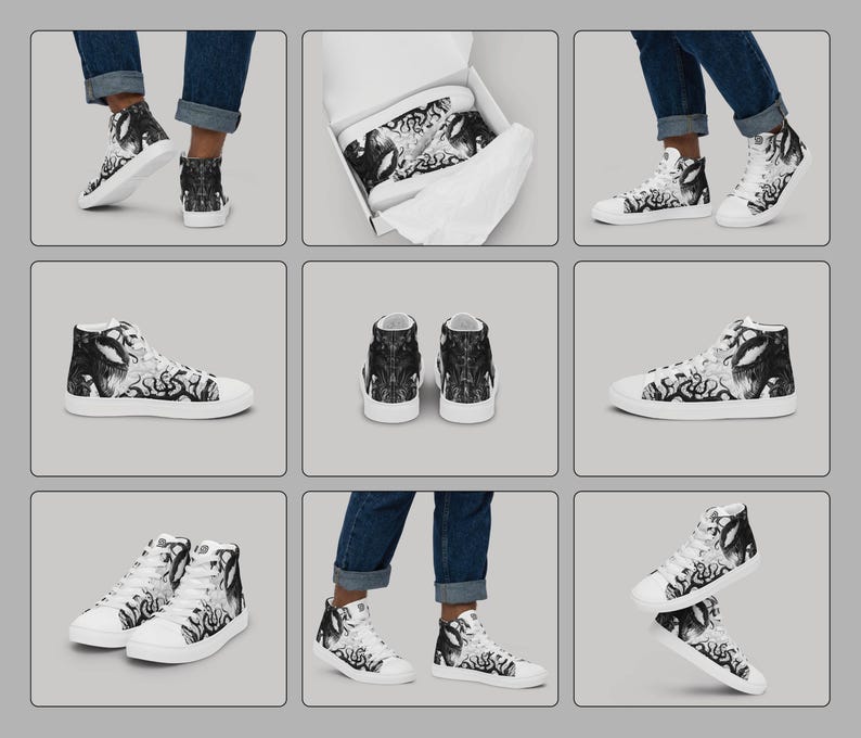 Pu&ograve; includere: Sneakers bianche in tela alta con una stampa grafica in bianco e nero di un viso. Le sneakers sono mostrate su un modello che indossa jeans e sono disponibili in pi&ugrave; viste.