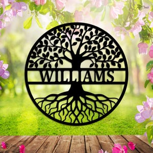Custom Welcome Family Tree of Life Name Sign - Personalized Metal Wall Art Deco - Metal Home Sign - Wall Hanging Olive Tree Door Sign Home