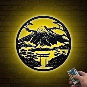 Arte de pared de metal con luz LED y puerta Torii, letrero de metal decorativo con la montaña Fuji, letrero de metal con puerta Torii, decoración de pared con árbol bonsái para la habitación del hogar, cultura japonesa