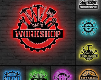 Letrero LED personalizado para taller, pared de garaje personalizada, regalo para papá, letrero de taller, arte para taller, letrero de garaje, letrero LED para cuarto de herramientas, letrero de garaje