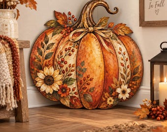 May include: A large, flat, decorative pumpkin cutout featuring a painted finish in shades of orange, gold, and brown. The pumpkin is adorned with illustrations of sunflowers, autumn leaves, and red berries, and includes a tied ribbon bow.