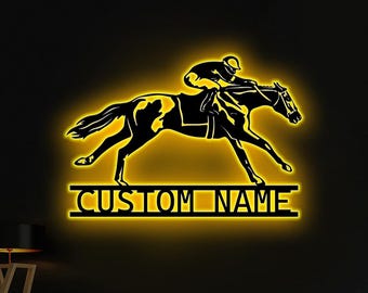 Personalized Horse Racing Metal Wall Art With LED Lights,Custom Horse Racer Name Sign Decoration For Room, Horse Racing Metal LED Decoration