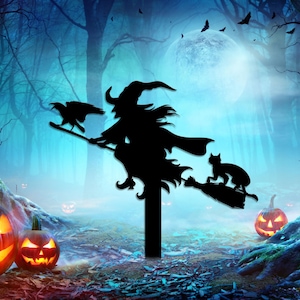 Witch with Broomstick Metal Garden Stake,Halloween Sign,Witch with Cat and Crow Decor,Outdoor Decor,Witch with Stakes Garden Sign Yard Decor