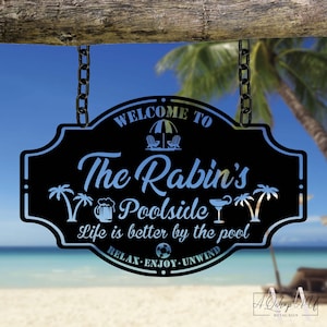 Op de afbeelding: Zwart metalen bord met witte tekst die luidt: "Welkom bij The Rabin's Poolside Het leven is beter bij het zwembad Ontspan Geniet Ontspan". Het bord heeft een palmboom, een bierglas en een margarita-glas.