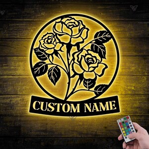 Custom Rose Metal Wall Art LED Lights Personalized Rose Flower Garden Name Sign Home Decor Rose Garden Decor Birthday Gift for mom Yard Art