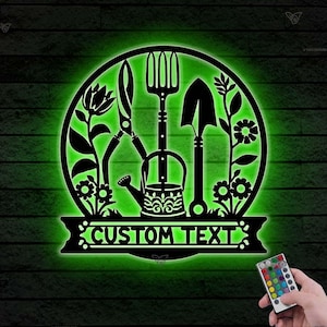 Enseigne de jardin personnalisée en métal, lumières LED, outils d&#39;art mural de jardin, enseigne de jardin en métal, décoration de jardin, nom de jardinier personnalisé, décoration de jardin