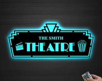 Arte de pared metálico personalizado para cine en casa con luz LED, letrero con nombre de cine personalizado para habitación, decoración LED metálica para cine, letrero de cine