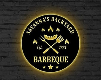 Personlig BBQ LED-metallskylt, Anpassad bakgårdsgrilldekor, Utomhusgrillfestvägg, Bakgårds-LED-skylt, Present till pappa, Bakgårdsdekor
