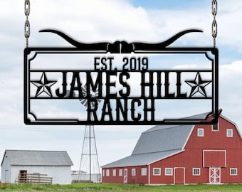 Custom Ranch Metal Sign, Longhorn Farm Sign, Western Ranch Decor, Longhorn ranch sign, Cowboy gift, Personalized ranch decor, Gift for farm