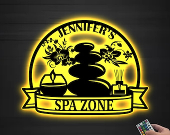 Personalized Spa Zone Name Sign Led Lights, Custom Massage Therapist Metal Wall Art, Restroom Therapist, Gift for Her, Relax Unwind Spa Room