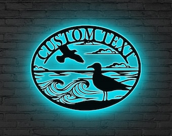 Custom Beach Seagull Metal Sign LED lights, Ocean Scene Wall Decor, Personalized Coastal Decor, Beach House Decor, Beach House Metal Sign