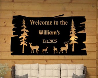Letrero metálico personalizado de bosque de ciervos, Letrero de cabaña de ciervos, Letrero personalizado con nombre de familia, Regalo de caza, Decoración de cabaña, Decoración de refugio, Regalo para cazador, Regalo para él