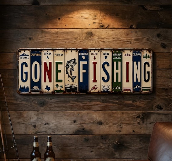 Rustic Gone Fishing Metal Sign, Fishing Lover Gift, Lake Cabin Wall Decor, Outdoor Decor