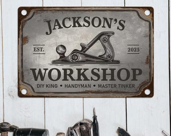 Gepersonaliseerde metalen werkplaatsbord, op maat gemaakt metalen bord gereedschap, cadeau-idee Vaderdag, vaders werkplaats schuurbord cadeau, zwart metalen wanddecoratie