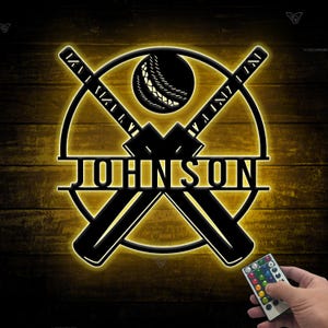 Personalized  Ball Cricket Bat Metal Wall Art with LED Light Cricket Sign Custom Cricket Player Name Sign Home Decor Man Cave Birthday Gifts