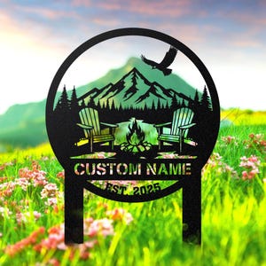 Personalized Metal Campfire Sign with Stakes, Custom Cabin Sign, Camp Decor, Outdoor Lovers Gift, Camping Sign, Outdoor Decor, Birthday Gift