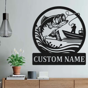 Personalized Largemouth Bass Fish Metal Sign Wall art, Bass Fishing Name Sign,Fish Pole Decor, Lake House Fishing Wall Art, Fishing Dad Gift