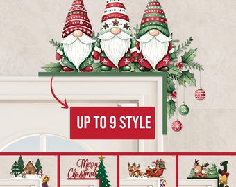 May include: A Christmas-themed door corner decoration featuring three gnomes with white beards and red and green hats. The decoration includes holly leaves, berries, and hanging ornaments. The text "UP TO 9 STYLE" is displayed in a red rectangle.