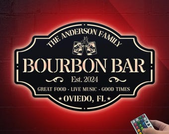 Personalized Bourbon Bar Sign Led Light, Home Bar Sign Cabin Decor, Family Name Sign, Bar Decor Metal,Whiskey Bar Sign,Dad Gift,Bourbon gift