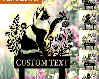 May include: A black and white cat garden stake with a butterfly, flowers, and the text "CUSTOM TEXT". The sign reads "YOU CAN CHANGED SHAPES AND TEXT". The stake is set in a garden with flowers.