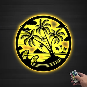 Custom Palm Trees Beach House Metal Sign Led Light, Family Beach House Wall Art, Personalized Palm Tree Metal Art Sign for Pool, Patio Decor
