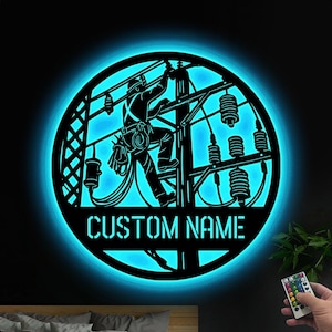 Custom US Lineman Metal Wall Art With LED Light, Personalized Lineman Name Sign Decoration For Room, Lineman Metal LED Decor, Custom Lineman