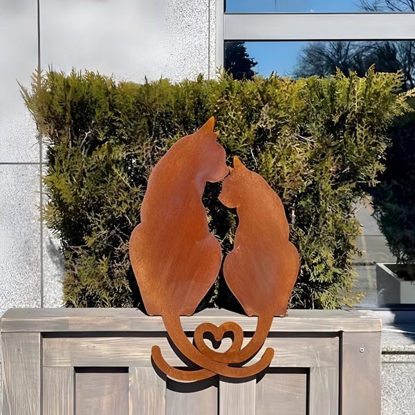 Rustic Cat Couple Garden Sculpture, Metal Cat Silhouette Outdoor Yard Art Decor