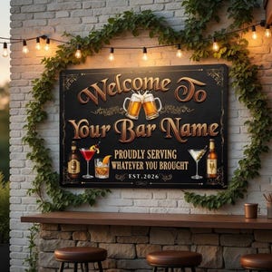 Könnte beinhalten: Ein schwarzes Schild mit goldfarbenen Buchstaben mit der Aufschrift "Welcome To Your Bar Name". Das Schild trägt auch die Aufschrift "Proudly Serving Whatever You Brought" und zeigt Bilder von Bier, Cocktails und Spirituosenflaschen. Das Schild ist von Grün umgeben.