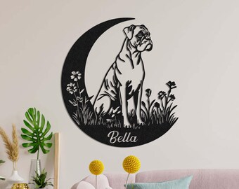 Letrero metálico personalizado de perro bóxer, letrero con el nombre del perro, arte de pared de montaña, decoración de bosque, decoración de perro bóxer, regalo único, regalo para amantes de los bóxers, regalo para papá