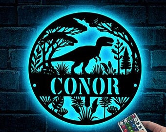 Custom Dinosaur Metal Sign, Dinosaur Wall Art LED Light,Personalized Dinosaur Decor,Boy Room Decor ,T-Rex Decor,Jurassic Name Sign Xmas Gift