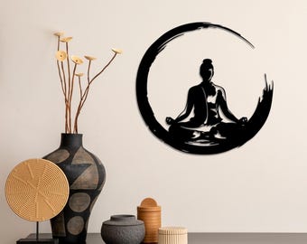 Parete in metallo con cerchio zen del Buddha, insegna minimalista del Buddha, decorazione per la stanza della meditazione consapevole, arredamento zen per la casa, arte della meditazione yoga, insegna per la casa
